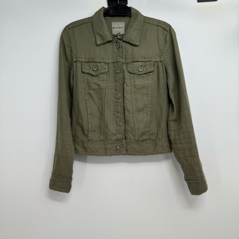 TOMMY BAHAMA Two Palms Linen Raw-Edge Jacket Sz XS Dark Fern Green - Picture 6 of 16
